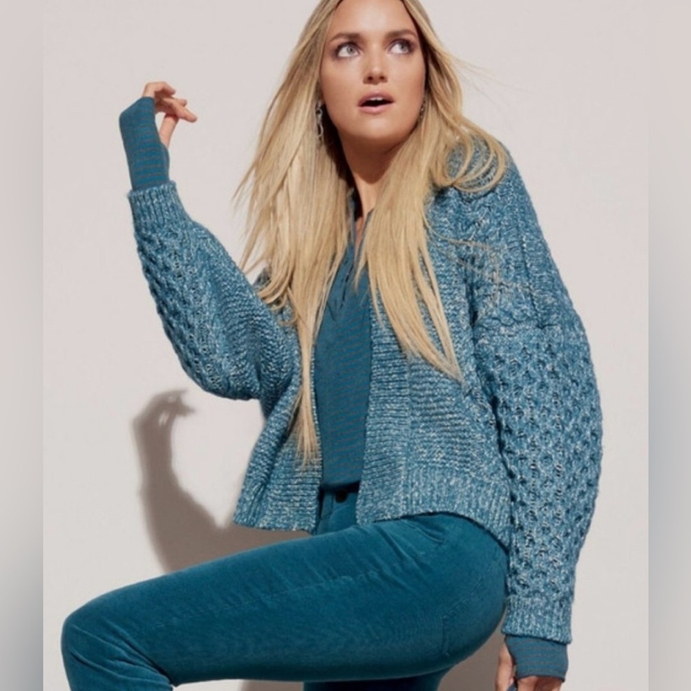 CAbi Women’s Blue/ White Astral Open Front LS Cable Knit Cardigan SweaterSize XS